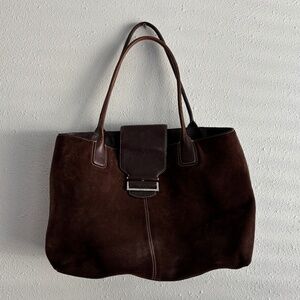 Cole Haan Vintage Y2K Brown Suede Leather Tote Bag w/ Silver Buckle
